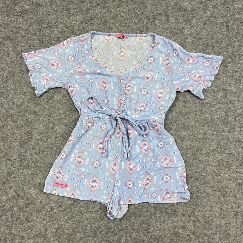 Simply Southern Romper Womens L Blue 100% Cotton Button Short Sleeve V Neck